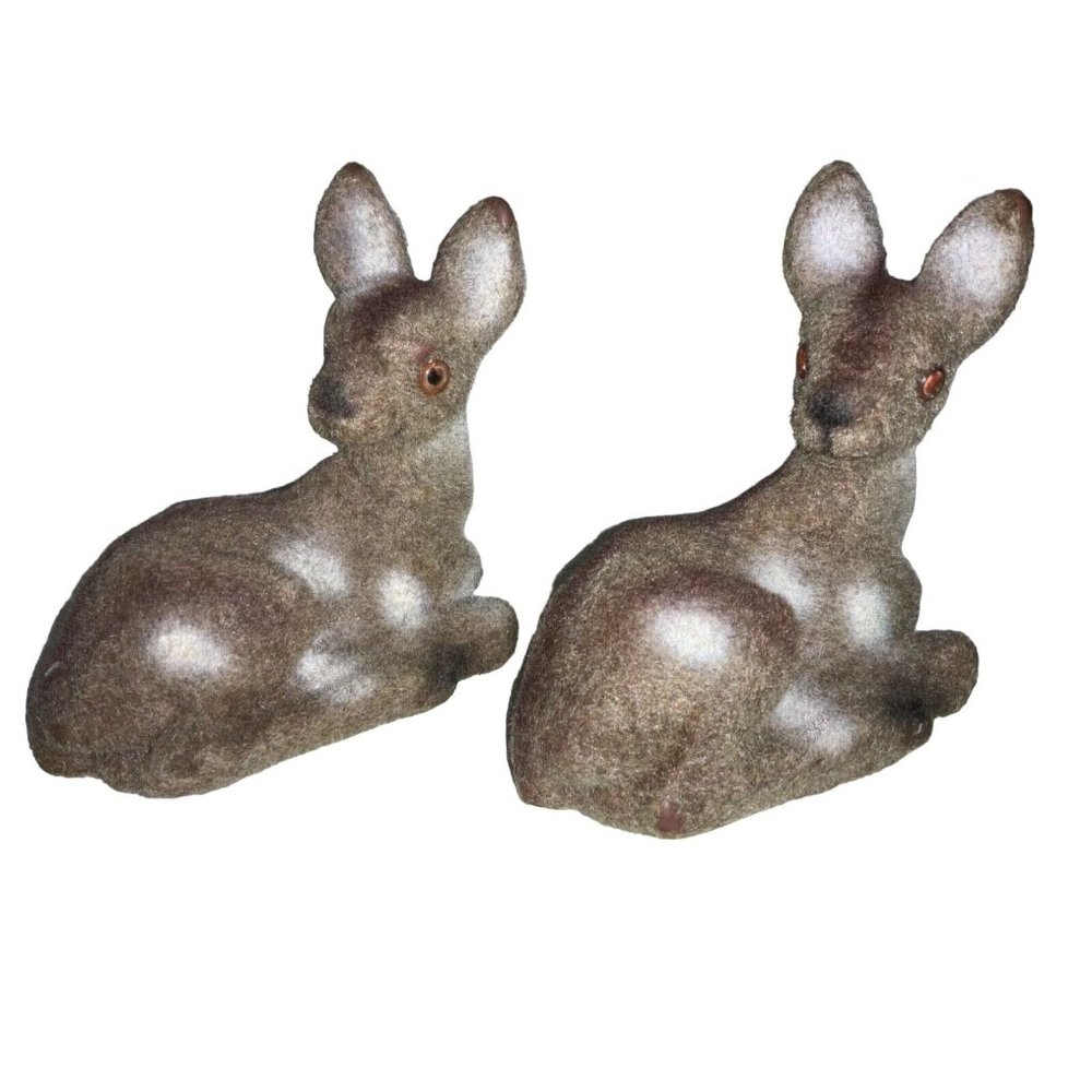 Flocked Fuzzy Baby  Deer Laying Down 5 Inch Tall Christmas-set of 2 Vintage
